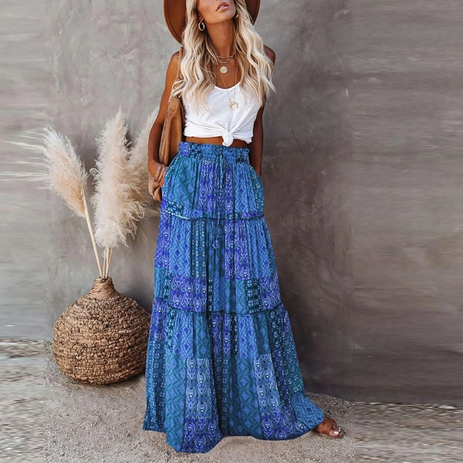 Maxi Skirts for Women,Elastic High Waisted Drawstring Ruffle Hem Bohemian Flowy Skirts Trendy 2025 Summer Vacation