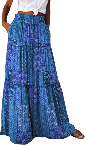 Maxi Skirts for Women,Elastic High Waisted Drawstring Ruffle Hem Bohemian Flowy Skirts Trendy 2025 Summer Vacation