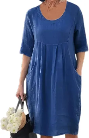 Melliflo Cotton Linen Short Dress for Women Plus Size Summer Casual Crew Neck Short Sleeve Flowy Midi Dress with Pockets