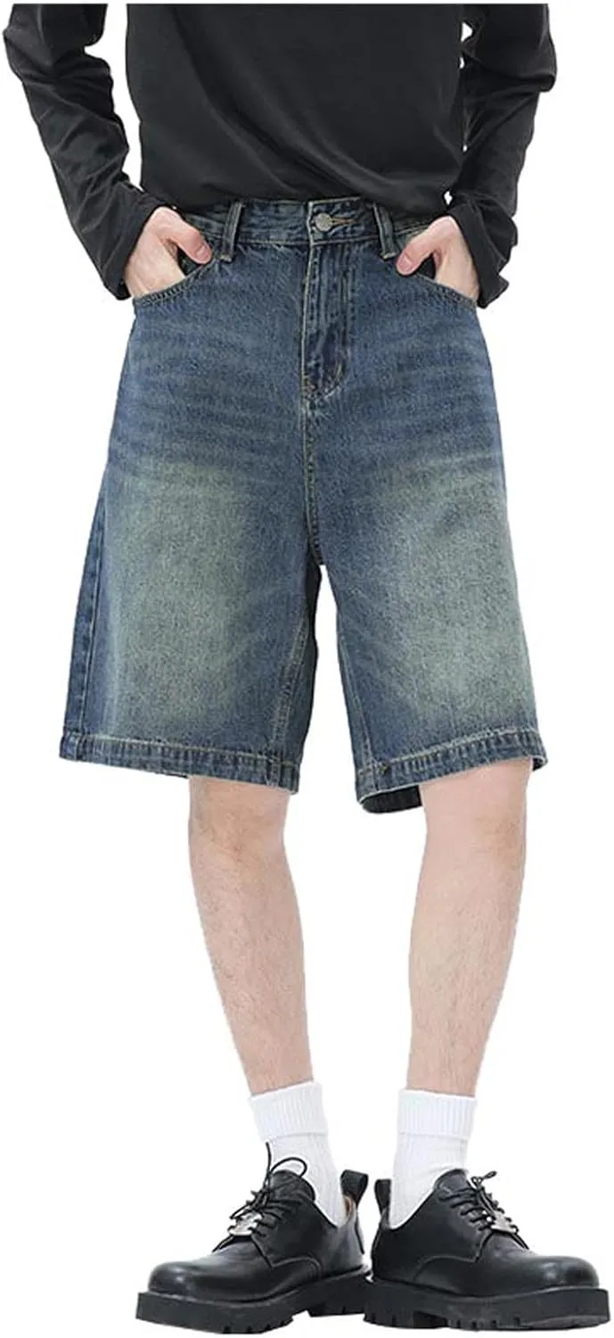 Men Baggy Denim Jorts Y2K Grunge Loose Fit Hip Hop Jean Shorts Casual Long Jeans with Pockets Streetwear