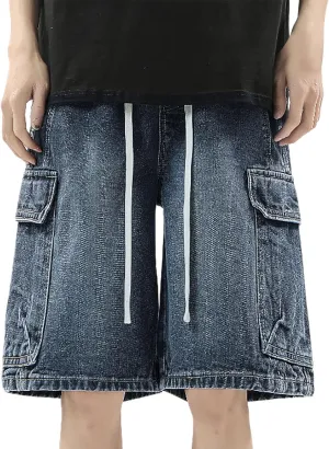 Men Loose Fit Denim Shorts Baggy Summer Casual Wide Leg Long Jean Jorts Hip Hop Shorts Streetwear with Pockets