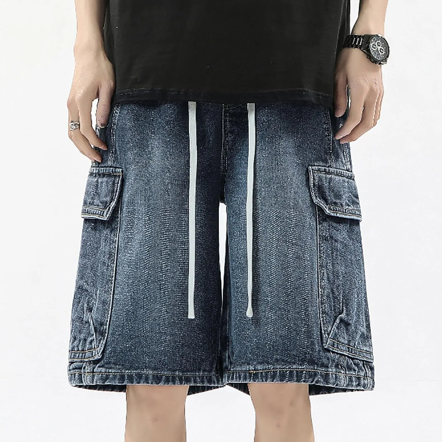 Men Loose Fit Denim Shorts Baggy Summer Casual Wide Leg Long Jean Jorts Hip Hop Shorts Streetwear with Pockets