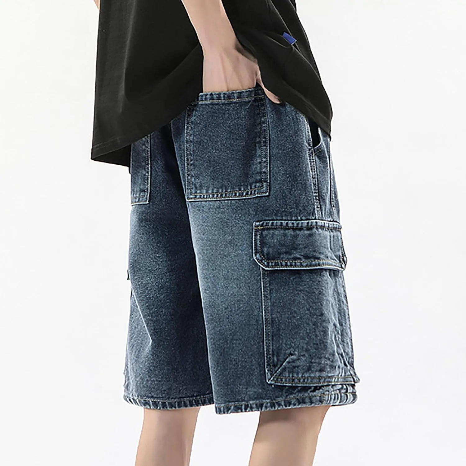 Men Loose Fit Denim Shorts Baggy Summer Casual Wide Leg Long Jean Jorts Hip Hop Shorts Streetwear with Pockets