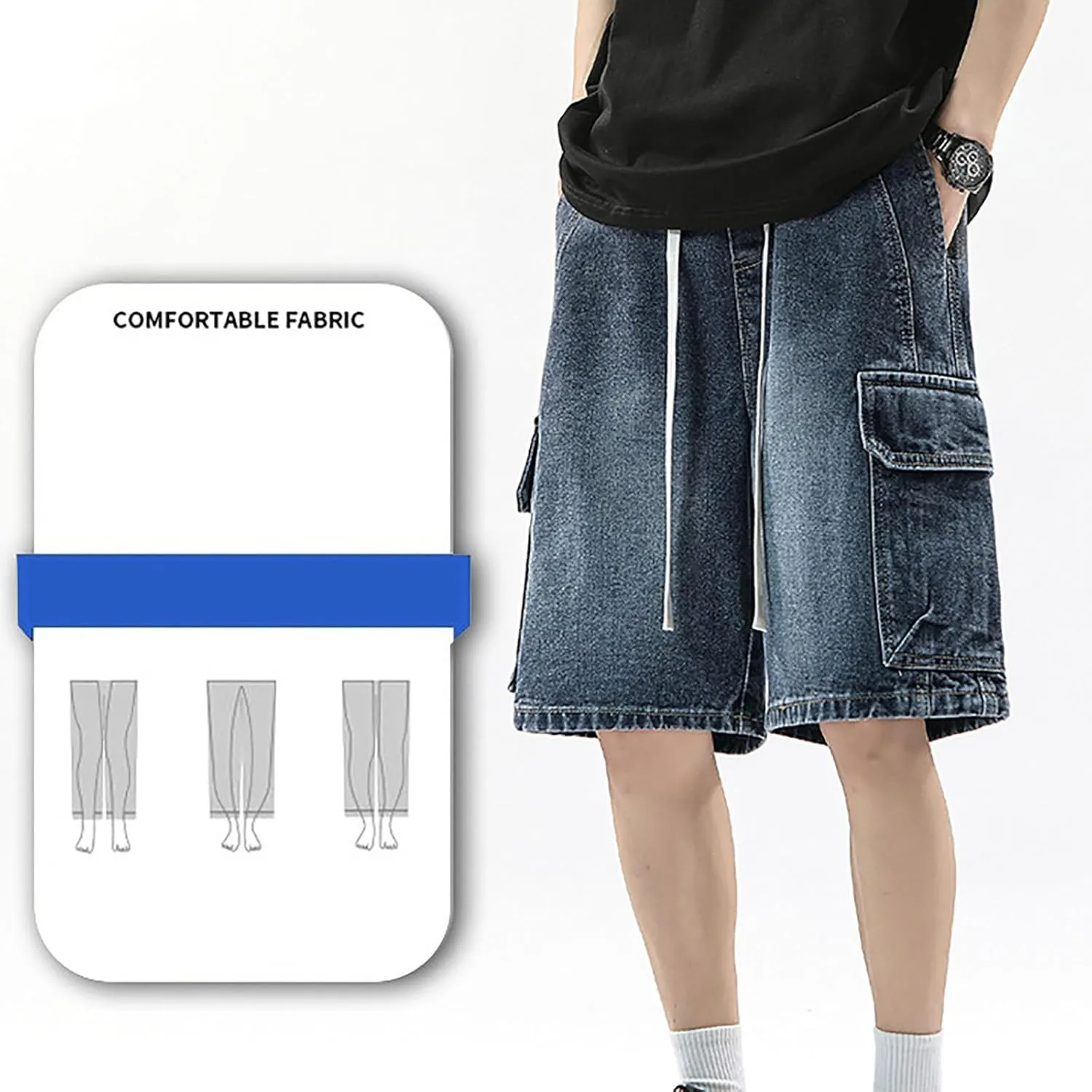 Men Loose Fit Denim Shorts Baggy Summer Casual Wide Leg Long Jean Jorts Hip Hop Shorts Streetwear with Pockets