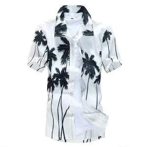 Mens Aloha Beach Quick Dry Coconut Tree Printing Loose Casual Dress Shirts
