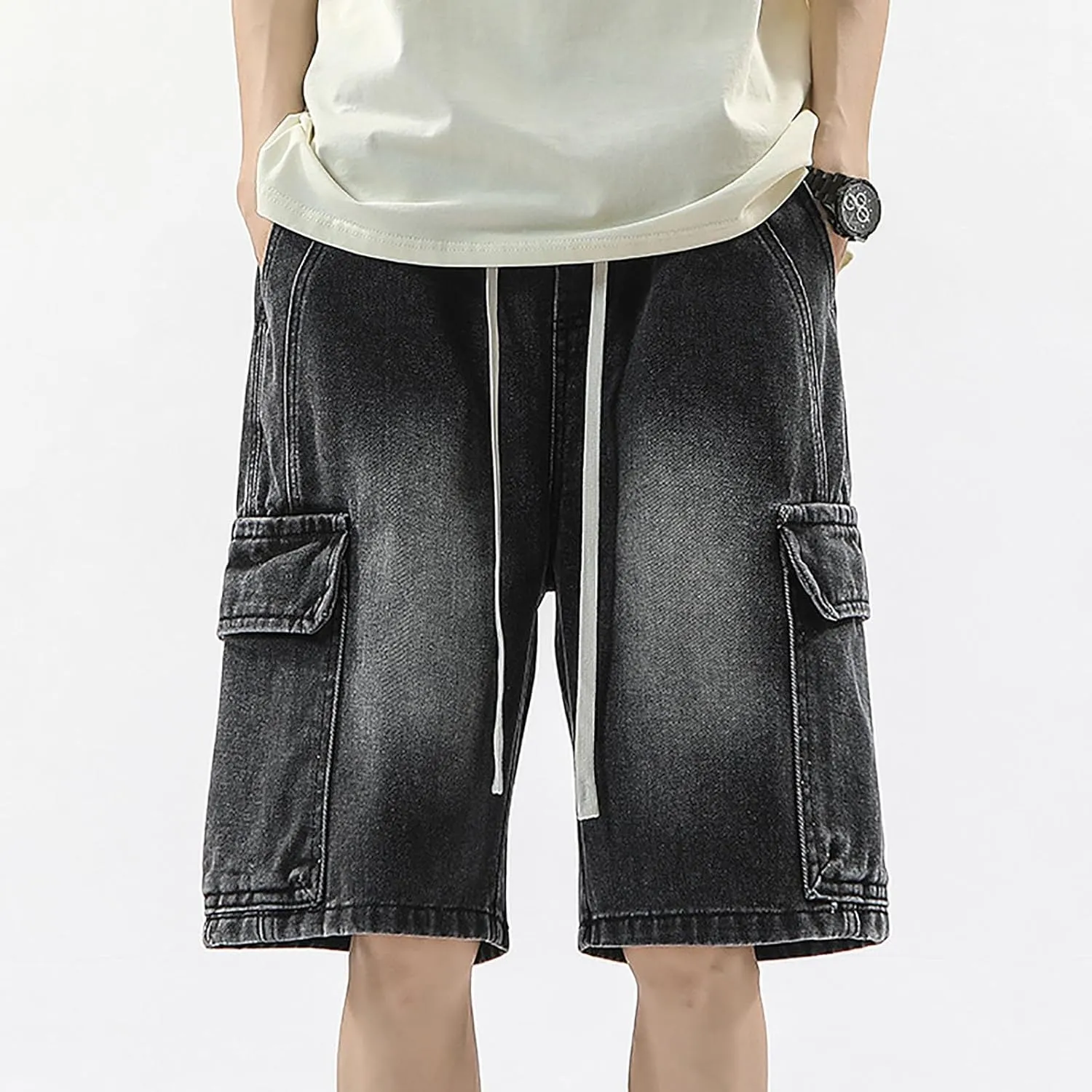 Men's Baggy Denim Jorts Y2K Grunge Loose Hip Hop Jean Shorts Summer Casual Mid Jeans Streetwear with Pockets