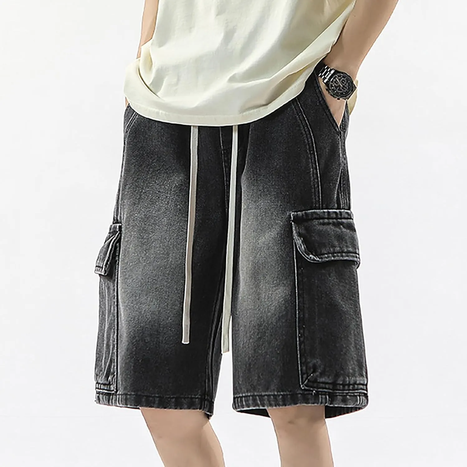 Men's Baggy Denim Jorts Y2K Grunge Loose Hip Hop Jean Shorts Summer Casual Mid Jeans Streetwear with Pockets