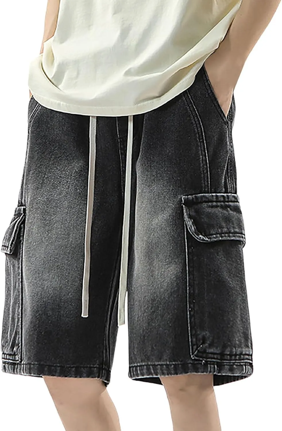 Men's Baggy Denim Jorts Y2K Grunge Loose Hip Hop Jean Shorts Summer Casual Mid Jeans Streetwear with Pockets