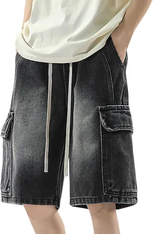 Men's Baggy Denim Jorts Y2K Grunge Loose Hip Hop Jean Shorts Summer Casual Mid Jeans Streetwear with Pockets