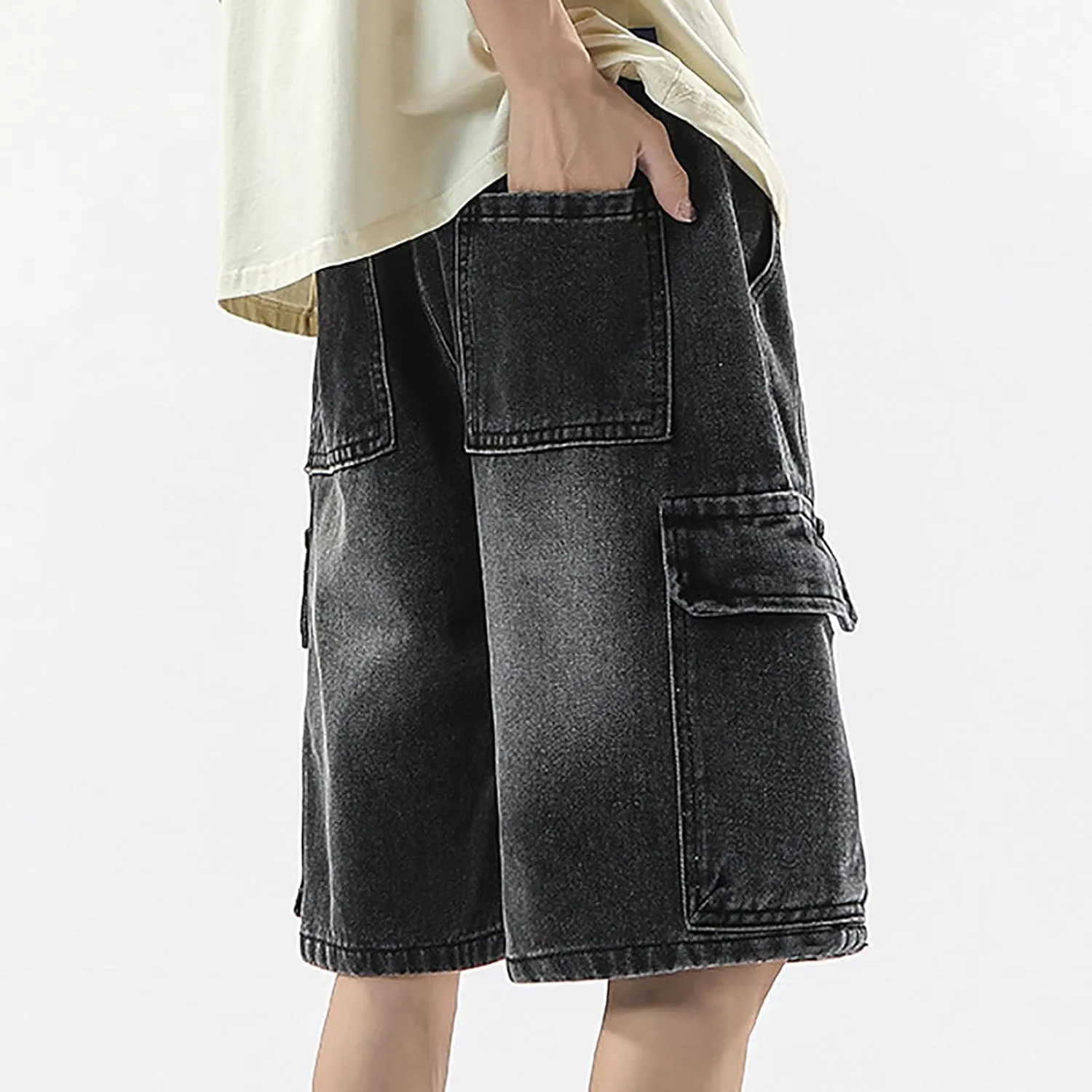 Men's Baggy Denim Jorts Y2K Grunge Loose Hip Hop Jean Shorts Summer Casual Mid Jeans Streetwear with Pockets