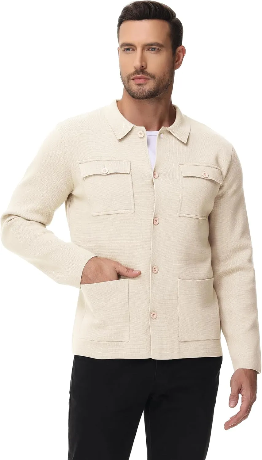 Men's Cardigan Sweater Casual Chunky Knit Multi-Pocket Lapel Collar Button Down Long Sleeve Sweater Fall Winter 2024