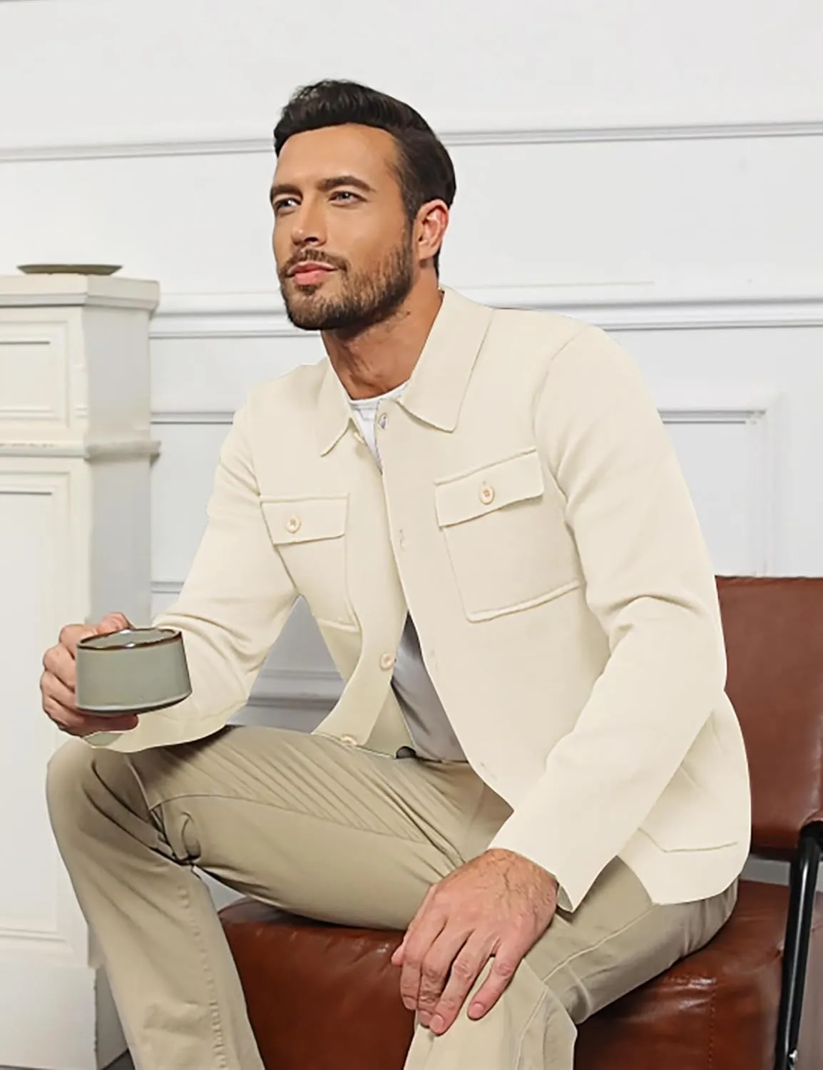 Men's Cardigan Sweater Casual Chunky Knit Multi-Pocket Lapel Collar Button Down Long Sleeve Sweater Fall Winter 2024