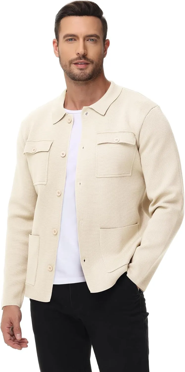 Men's Cardigan Sweater Casual Chunky Knit Multi-Pocket Lapel Collar Button Down Long Sleeve Sweater Fall Winter 2024