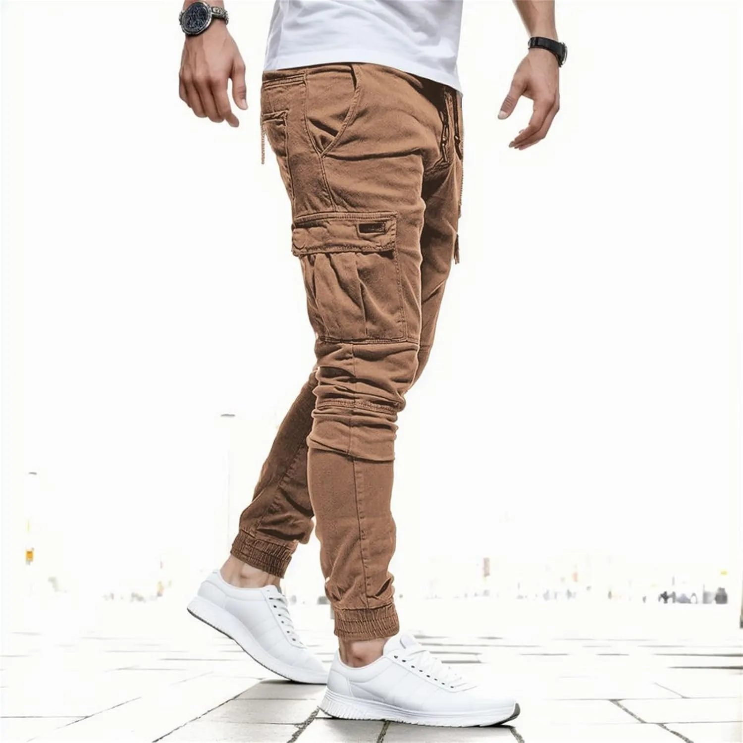 Men's Casual Joggers Cotton Pants Drawstring Hiking Pants Outdoor Twill Track Sweatpants with Pockets for Men