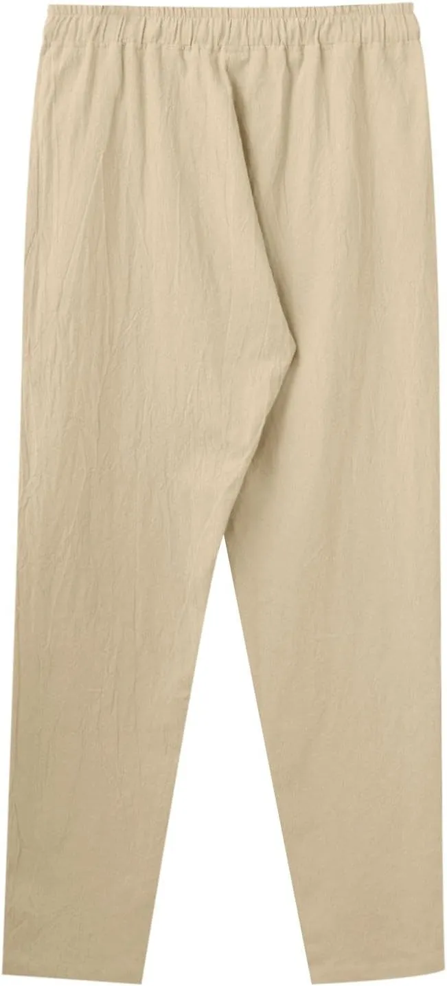 Mens Casual Linen Pants Loose Fit Elastic Drawstring Waist Straight-Legs Summer Yoga Beach Long Pants