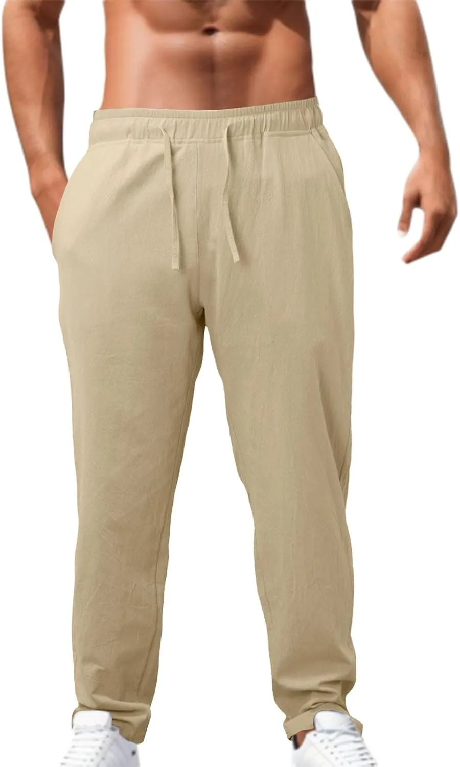 Mens Casual Linen Pants Loose Fit Elastic Drawstring Waist Straight-Legs Summer Yoga Beach Long Pants