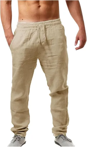 Mens Casual Linen Pants Loose Fit Elastic Drawstring Waist Straight-Legs Summer Yoga Beach Long Pants