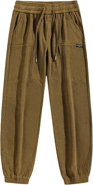 Men's Corduroy Pants Vintage Drawstring Waist Heavyweight Joggers Cargo Pants Streetwear Long Trousers with Pockets
