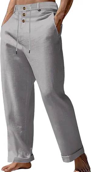 Mens Cotton Linen Pants Casual Elastic Waist Summer Beach Pants Lightweight Breathable Yoga Vacation Dress Trousers
