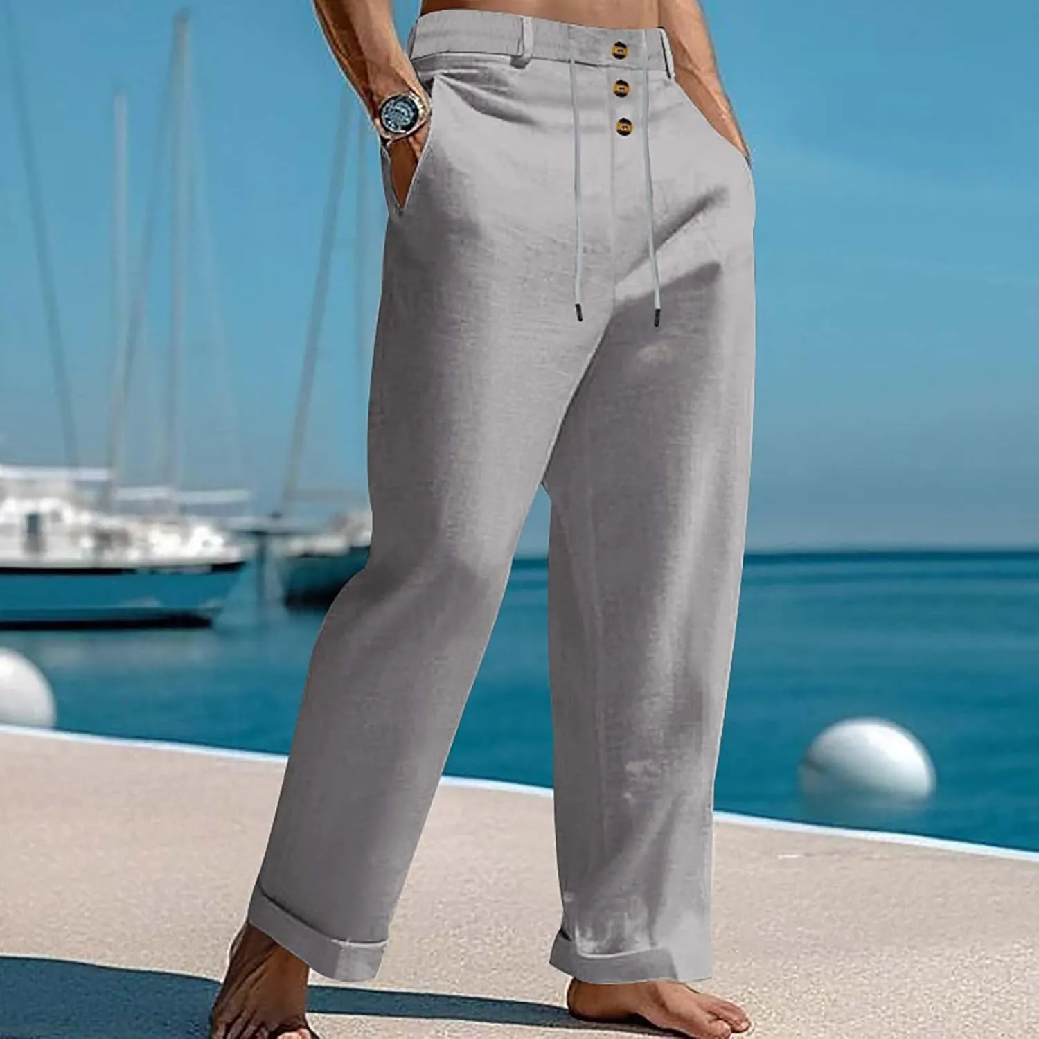 Mens Cotton Linen Pants Casual Elastic Waist Summer Beach Pants Lightweight Breathable Yoga Vacation Dress Trousers