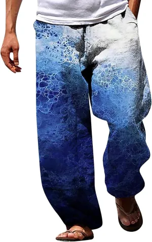Mens Cotton Linen Printed Pants Straight Leg Loose Fit Outdoor Lounge Trousers for Men Drawstrings Summer Casual Beach Pant