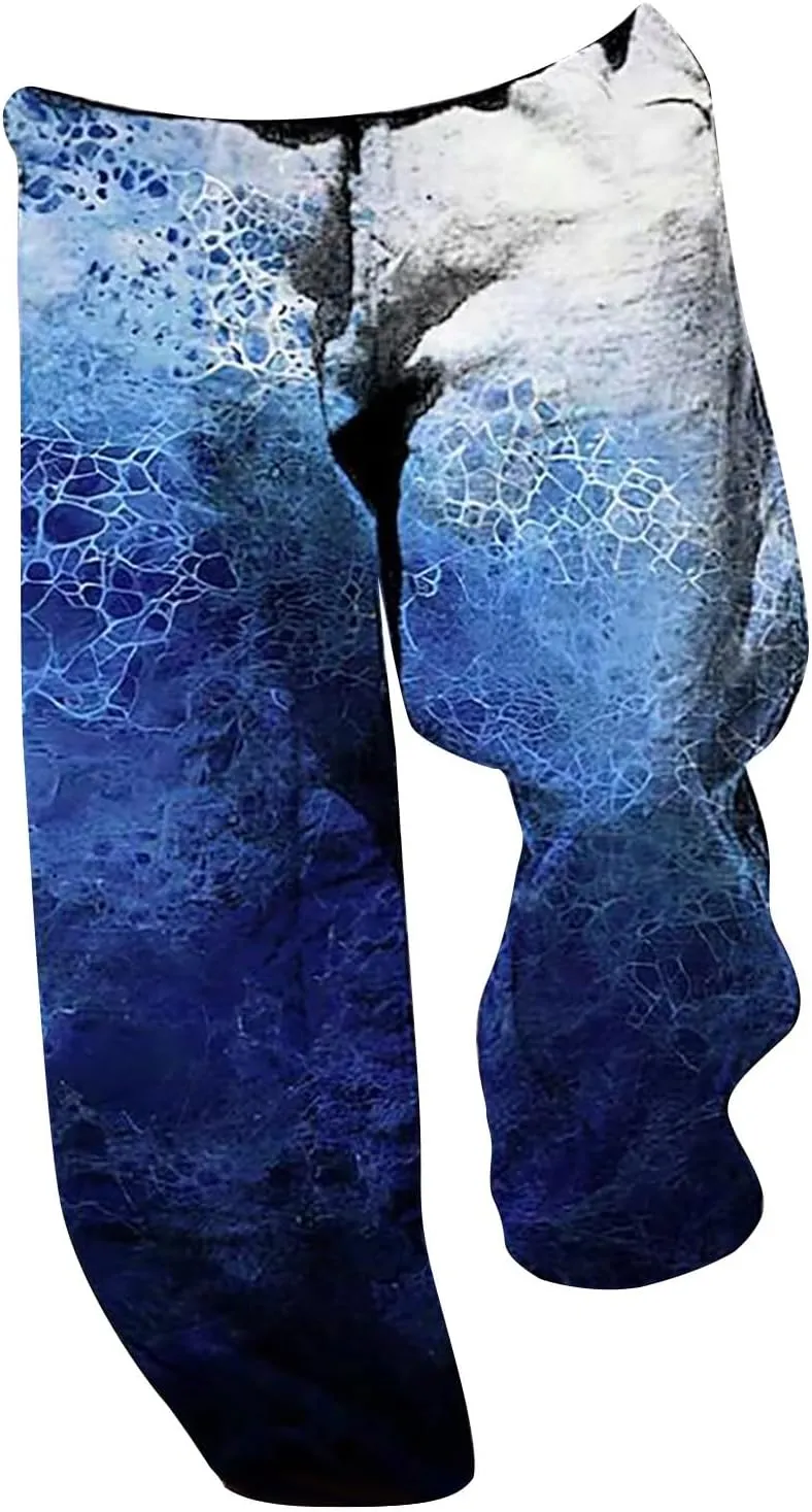 Mens Cotton Linen Printed Pants Straight Leg Loose Fit Outdoor Lounge Trousers for Men Drawstrings Summer Casual Beach Pant