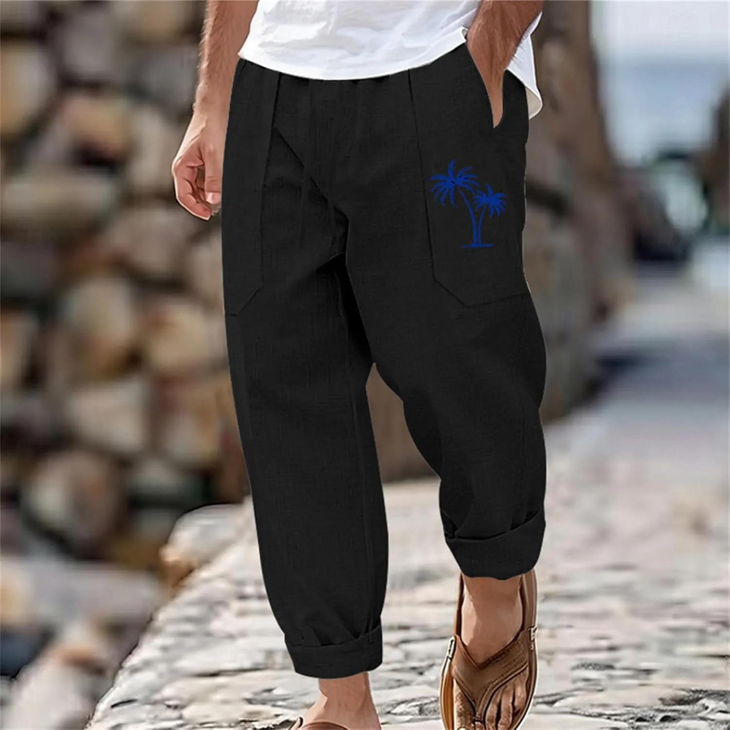 Men's Cotton Linen Trousers Solid Color Drawstring Casual Pants Comfy Breathable Beach Pants Loose Fit Thin Trousers