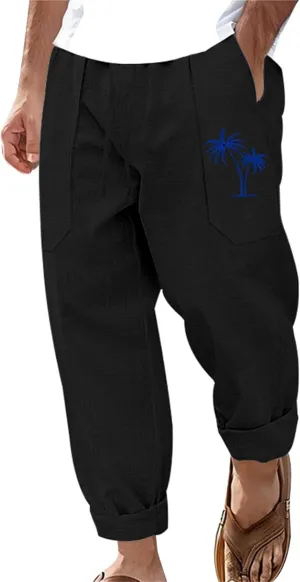 Men's Cotton Linen Trousers Solid Color Drawstring Casual Pants Comfy Breathable Beach Pants Loose Fit Thin Trousers