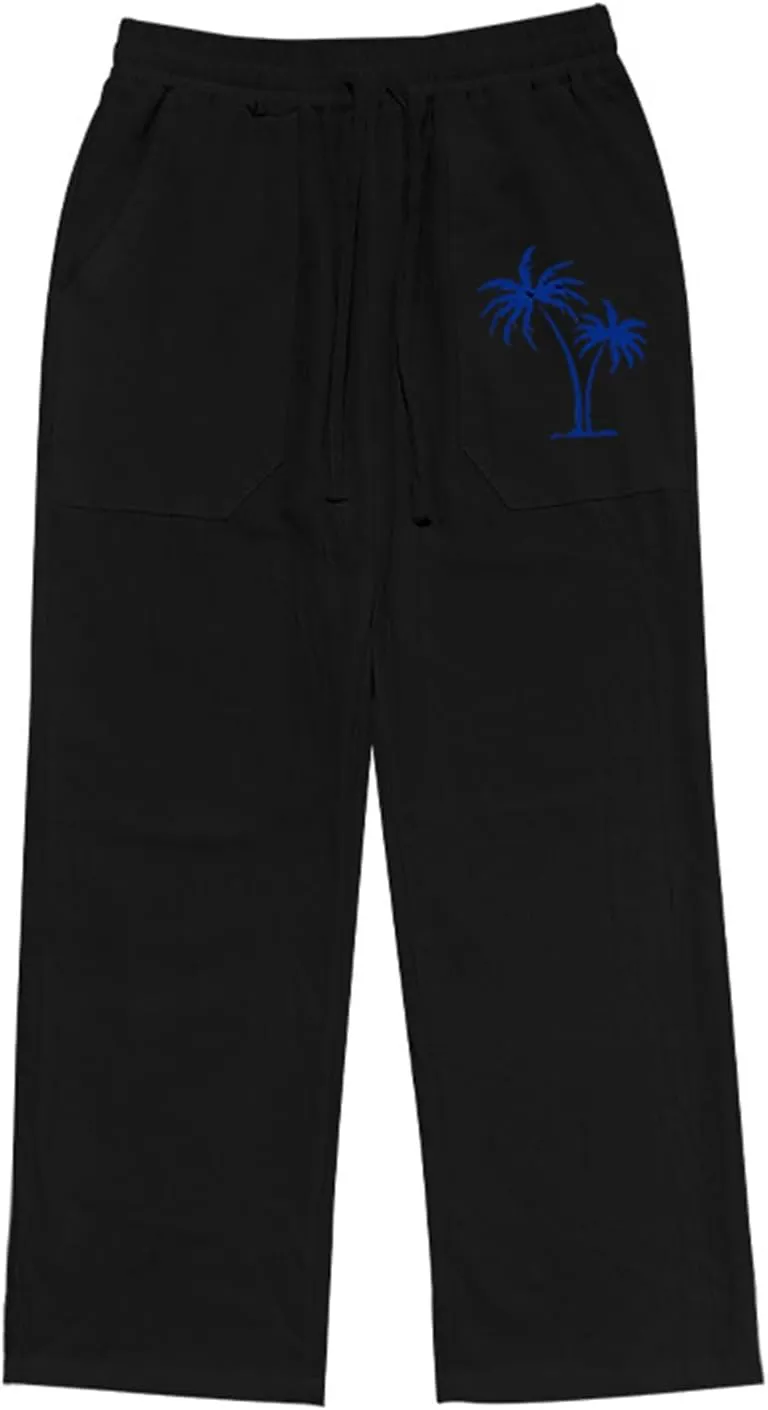 Men's Cotton Linen Trousers Solid Color Drawstring Casual Pants Comfy Breathable Beach Pants Loose Fit Thin Trousers