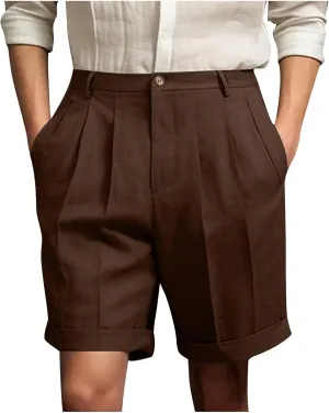 Mens Golf Chino Shorts Summer Beach Relaxted-Fit Pleated Front Button Waist Suit Shorts Solid Work Basic Short Pants