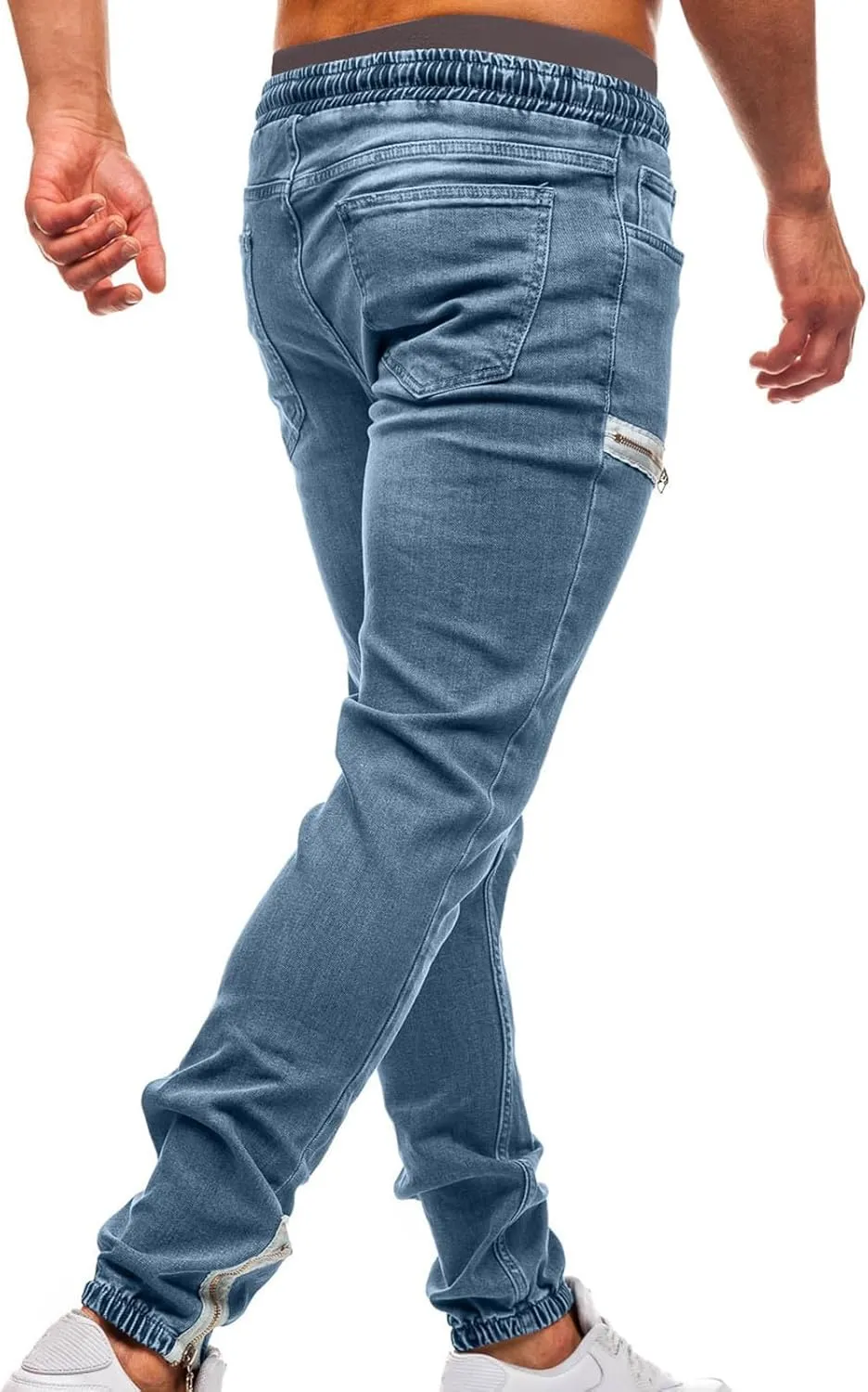 Mens Jogger Pants with Zipper Pockets Casual Slim Stretchy Elastic Denim Joggers for Men Pockets Drawstring Daily