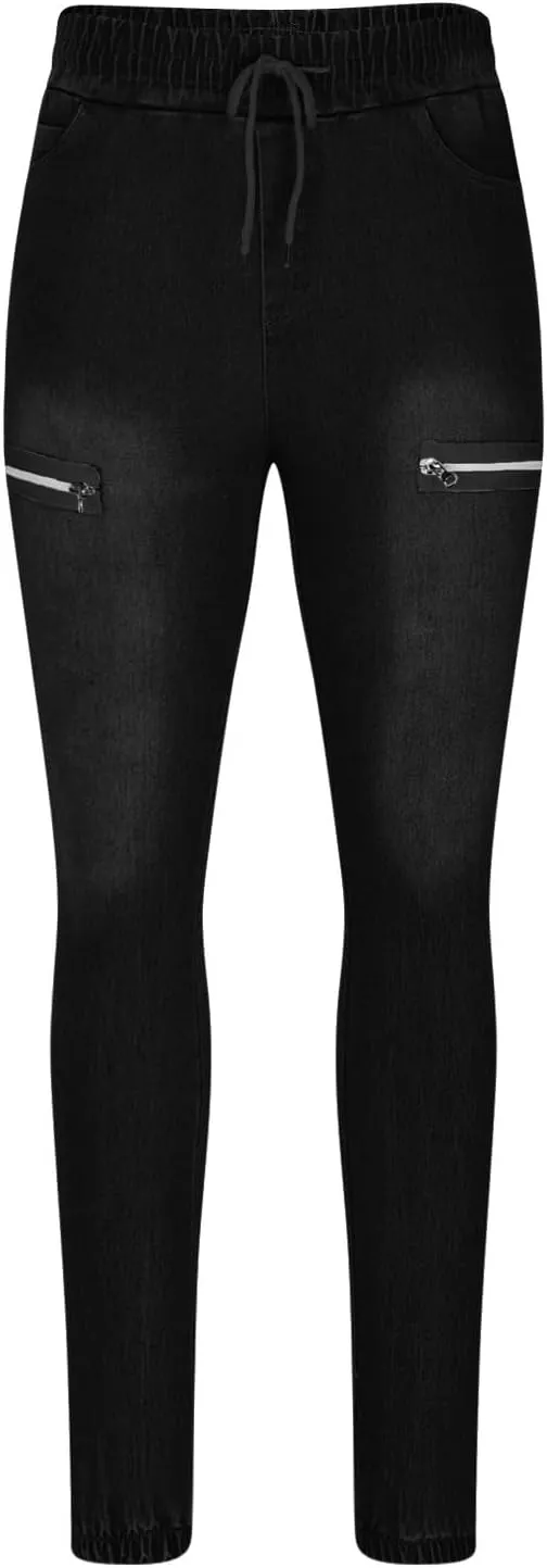 Mens Jogger Pants with Zipper Pockets Casual Slim Stretchy Elastic Denim Joggers for Men Pockets Drawstring Daily