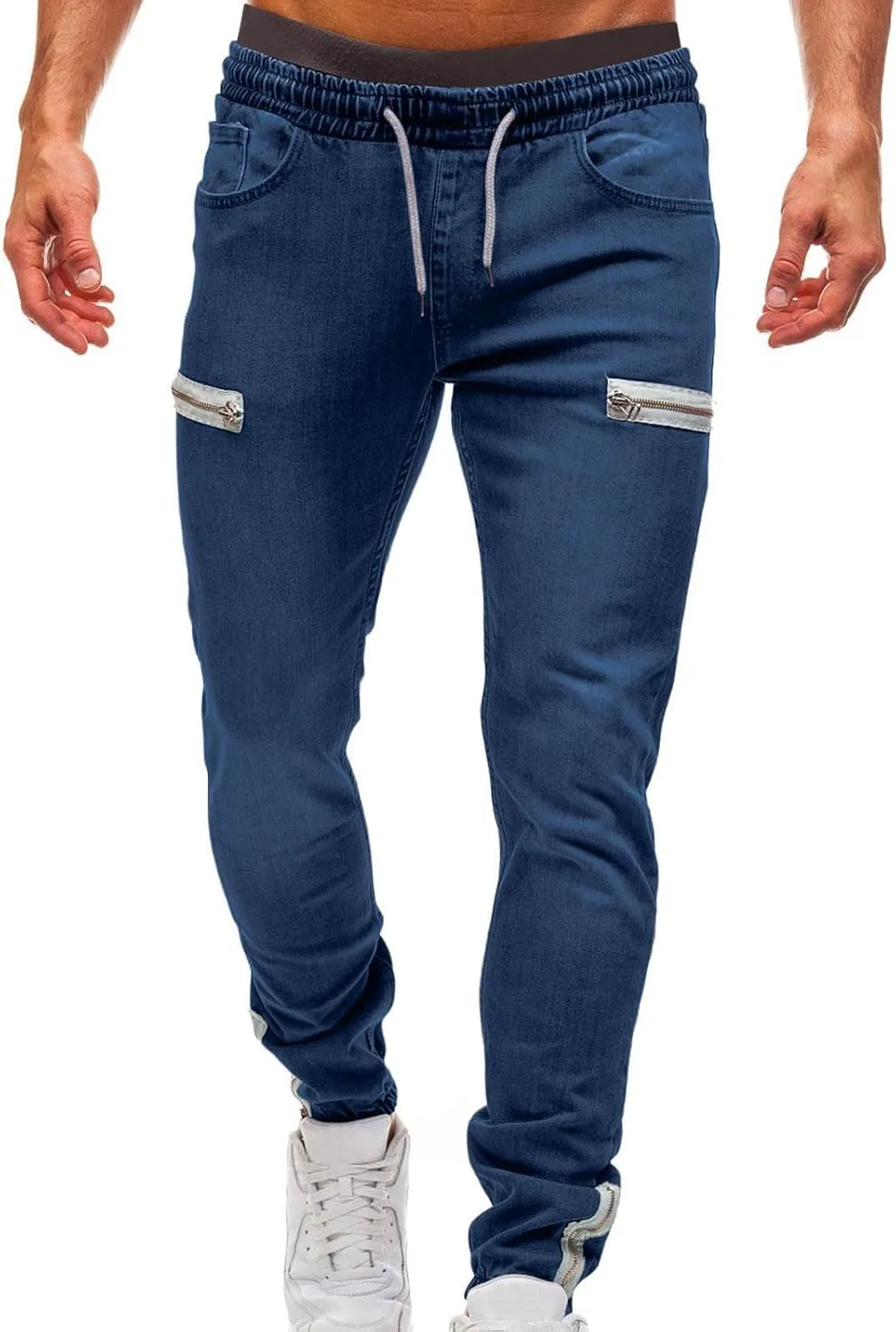 Mens Jogger Pants with Zipper Pockets Casual Slim Stretchy Elastic Denim Joggers for Men Pockets Drawstring Daily
