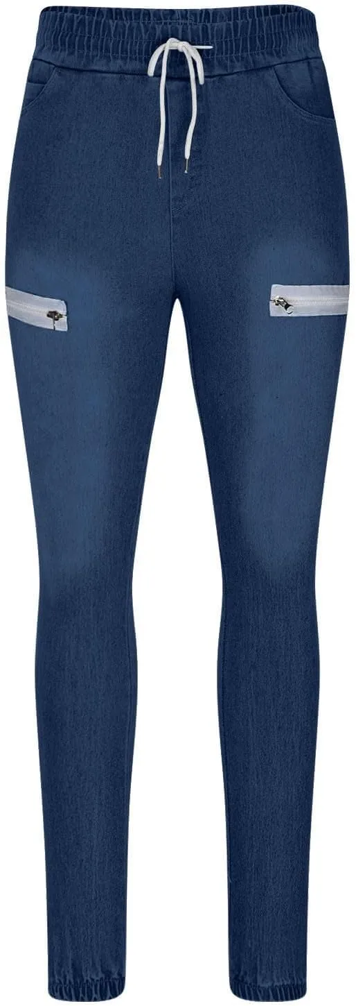 Mens Jogger Pants with Zipper Pockets Casual Slim Stretchy Elastic Denim Joggers for Men Pockets Drawstring Daily
