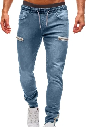 Mens Jogger Pants with Zipper Pockets Casual Slim Stretchy Elastic Denim Joggers for Men Pockets Drawstring Daily
