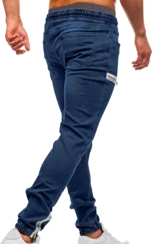 Mens Jogger Pants with Zipper Pockets Casual Slim Stretchy Elastic Denim Joggers for Men Pockets Drawstring Daily