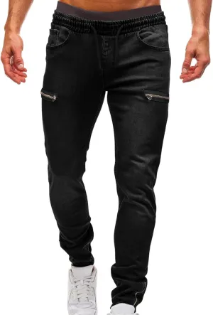 Mens Jogger Pants with Zipper Pockets Casual Slim Stretchy Elastic Denim Joggers for Men Pockets Drawstring Daily