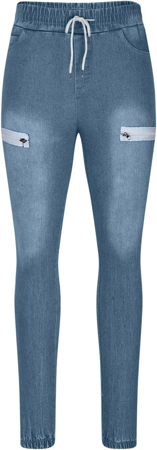 Mens Jogger Pants with Zipper Pockets Casual Slim Stretchy Elastic Denim Joggers for Men Pockets Drawstring Daily
