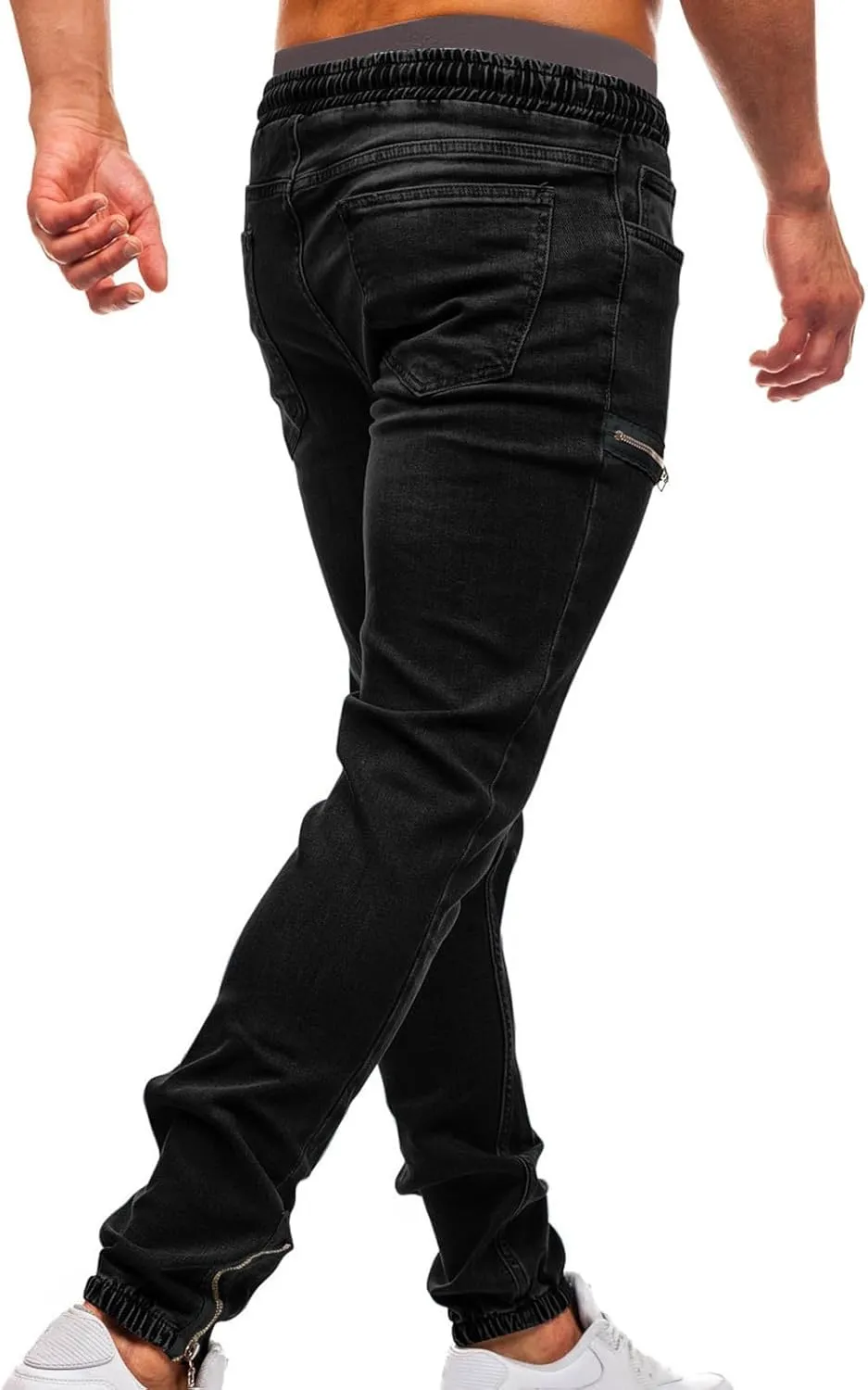 Mens Jogger Pants with Zipper Pockets Casual Slim Stretchy Elastic Denim Joggers for Men Pockets Drawstring Daily