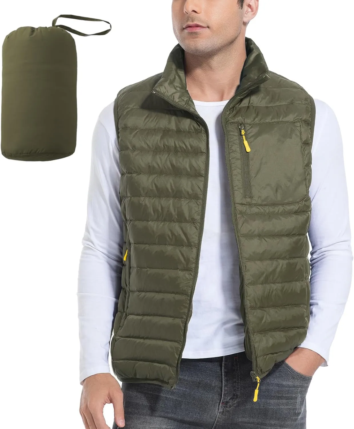 Men's Lightweight Packable Down Vest Winter Stand Collar Water-Resistant Puffer Outerwear for Golf