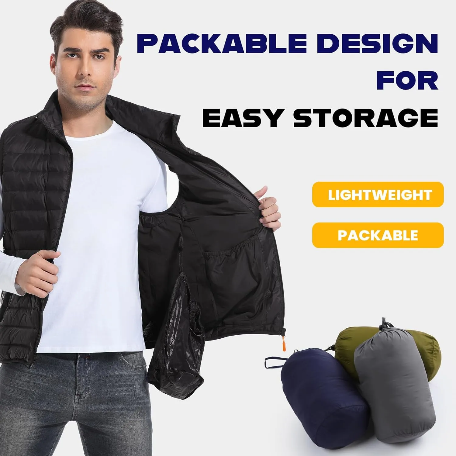 Men's Lightweight Packable Down Vest Winter Stand Collar Water-Resistant Puffer Outerwear for Golf