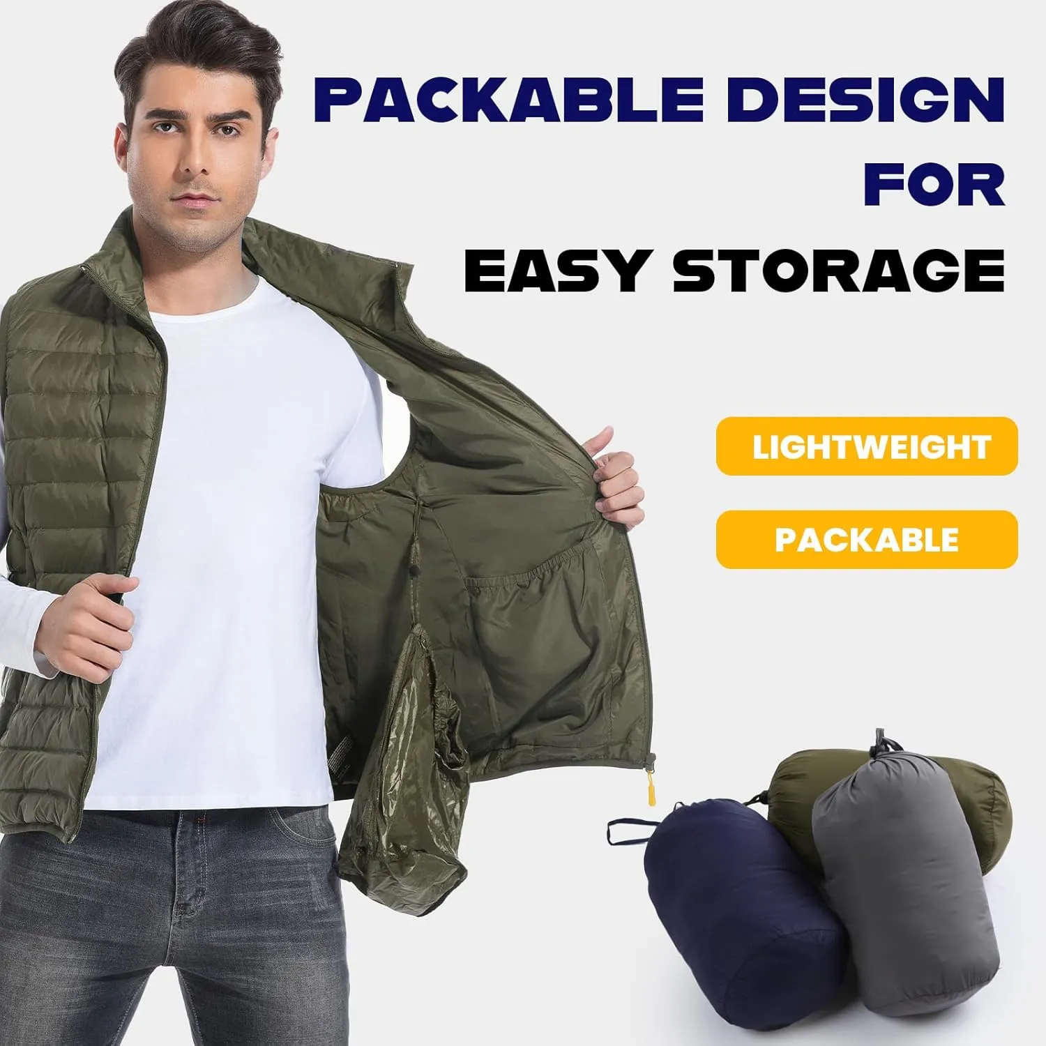 Men's Lightweight Packable Down Vest Winter Stand Collar Water-Resistant Puffer Outerwear for Golf
