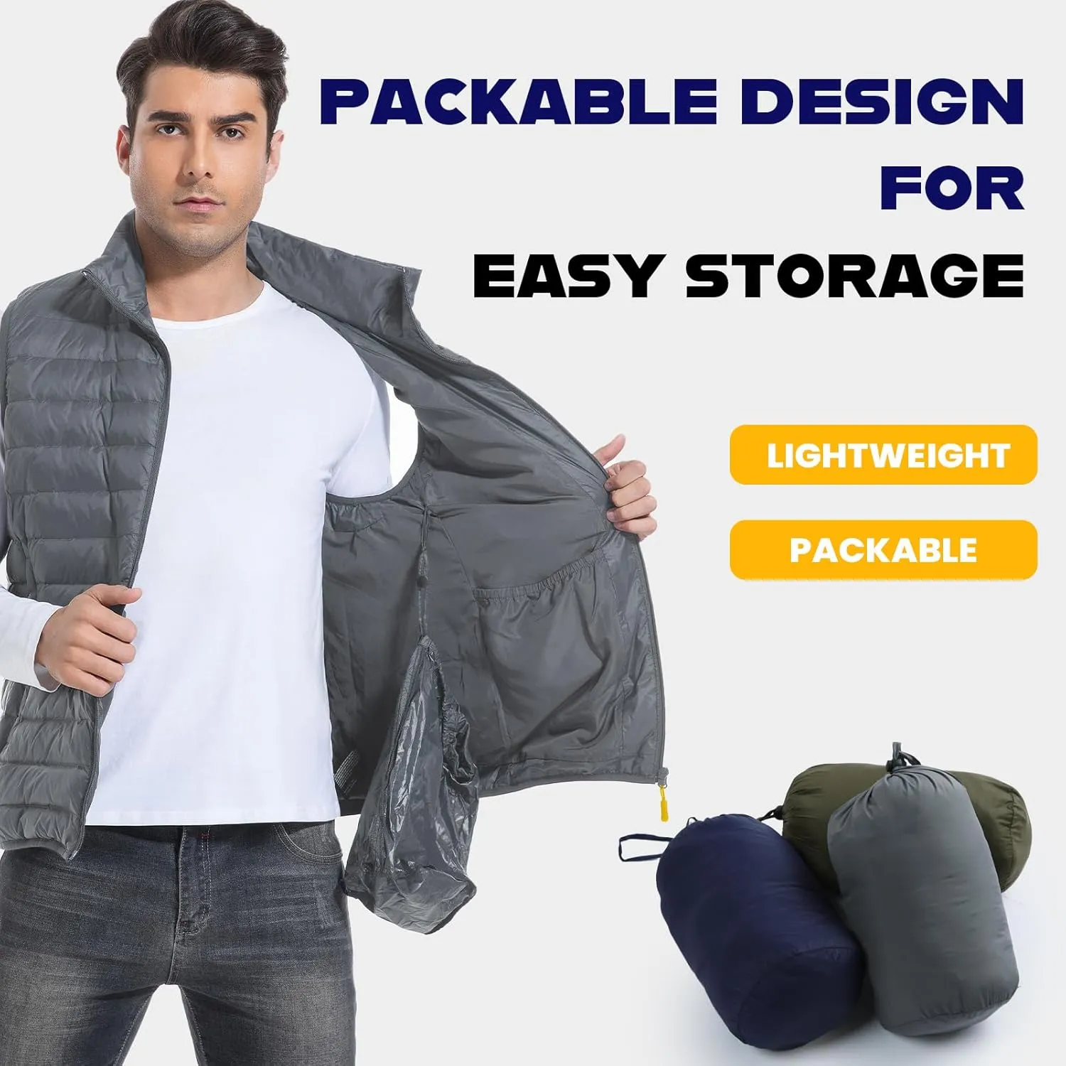 Men's Lightweight Packable Down Vest Winter Stand Collar Water-Resistant Puffer Outerwear for Golf
