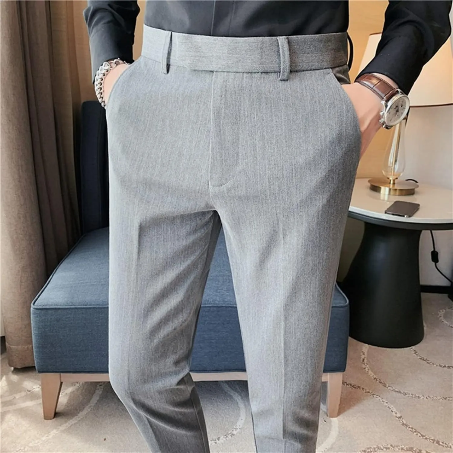 Men's Lightweight Slim Fit Striped Dress Pant Stretch Casual Business Flat-Front Chino Suit Trousers