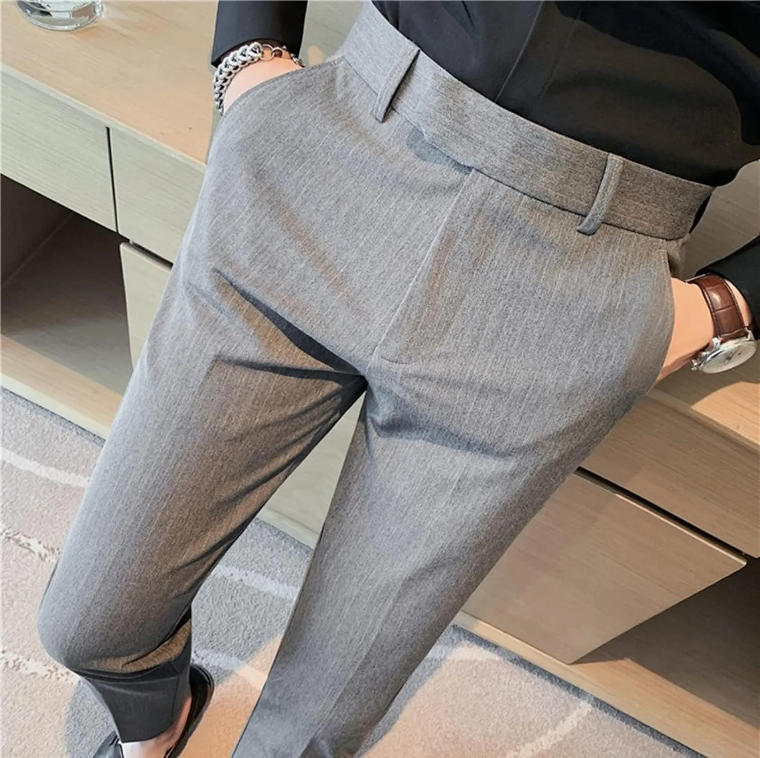 Men's Lightweight Slim Fit Striped Dress Pant Stretch Casual Business Flat-Front Chino Suit Trousers