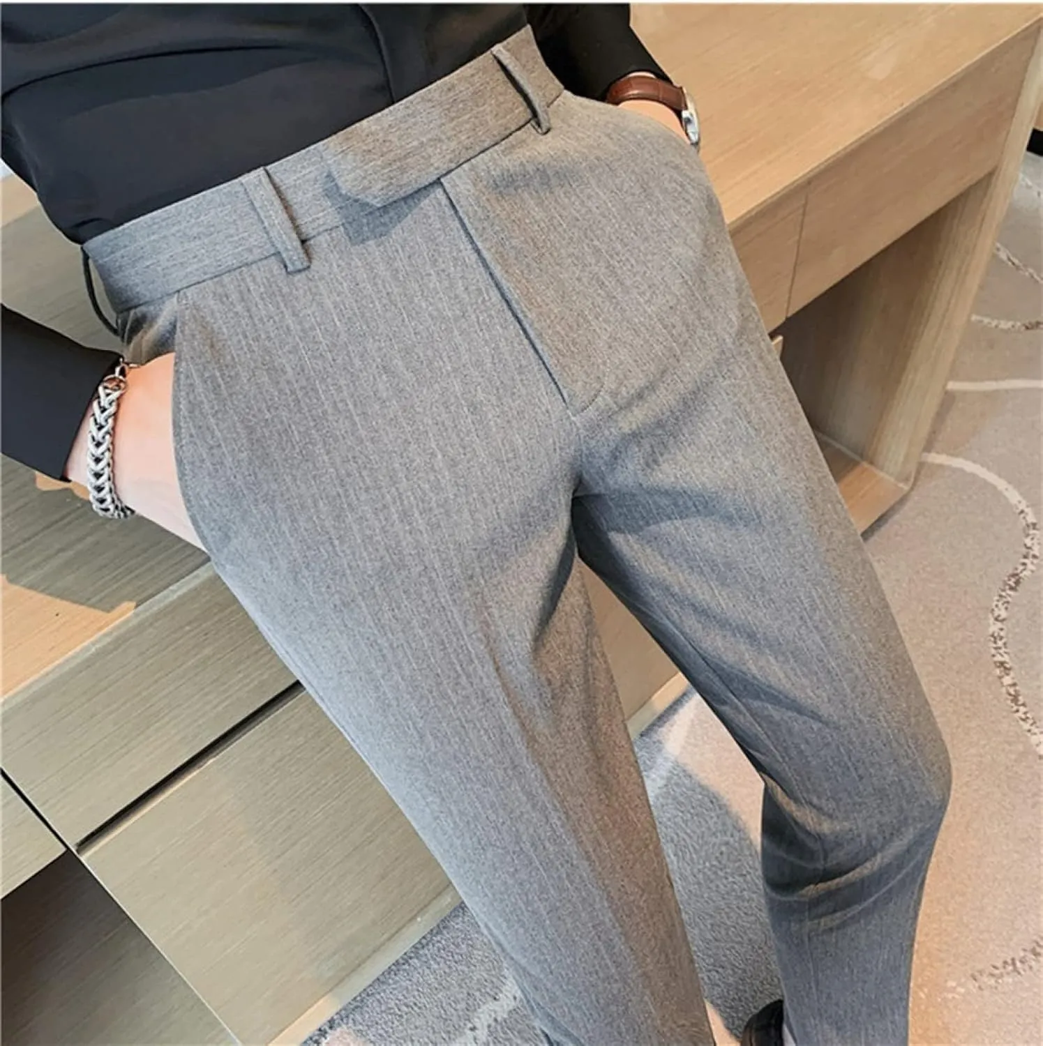Men's Lightweight Slim Fit Striped Dress Pant Stretch Casual Business Flat-Front Chino Suit Trousers