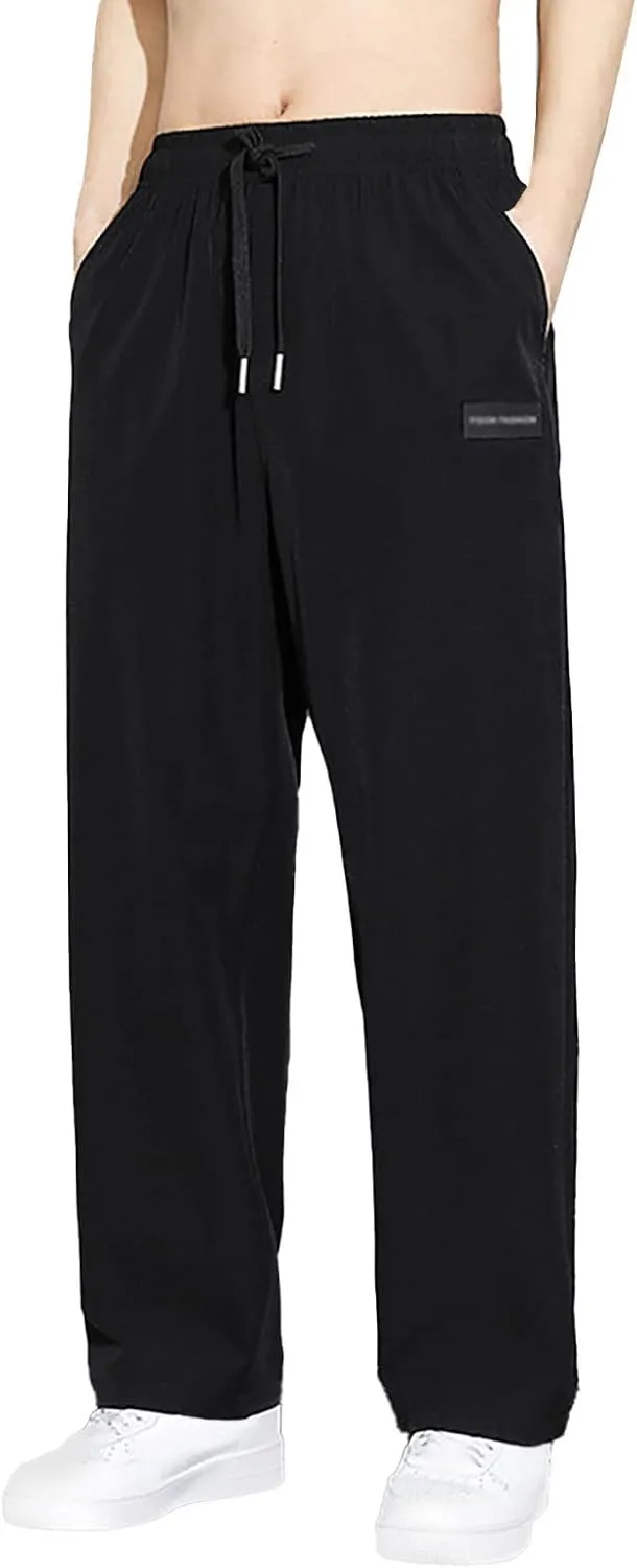 Mens Linen Cotton Loose Fit Lightweight Elastic Waist Pants, Summer Casual Lace Up Pocket Solid Color Pants