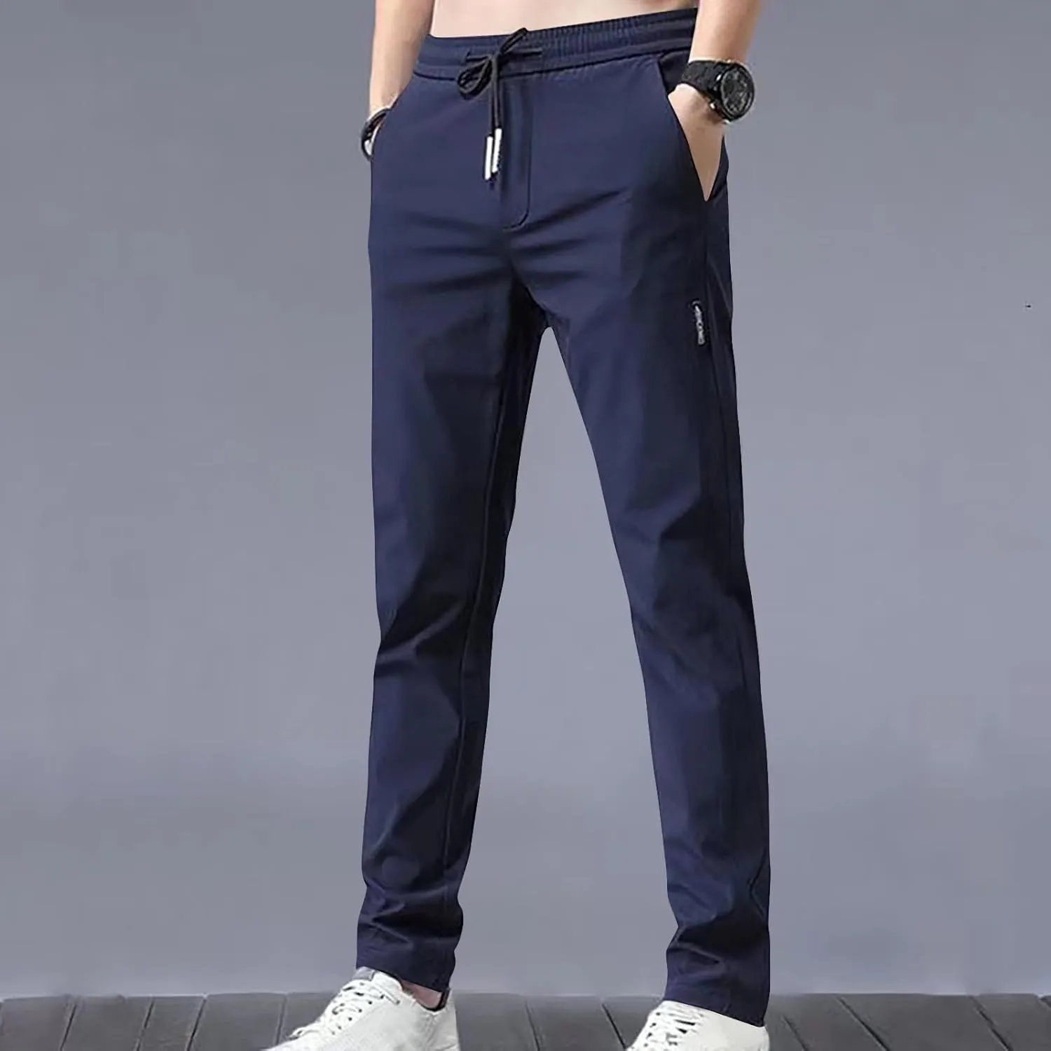 Men's Summer Ice Silk Pants Elastic Waist Solid Color Slim Fit Trousers Drawstrings Breathable Casual Pencil Pants