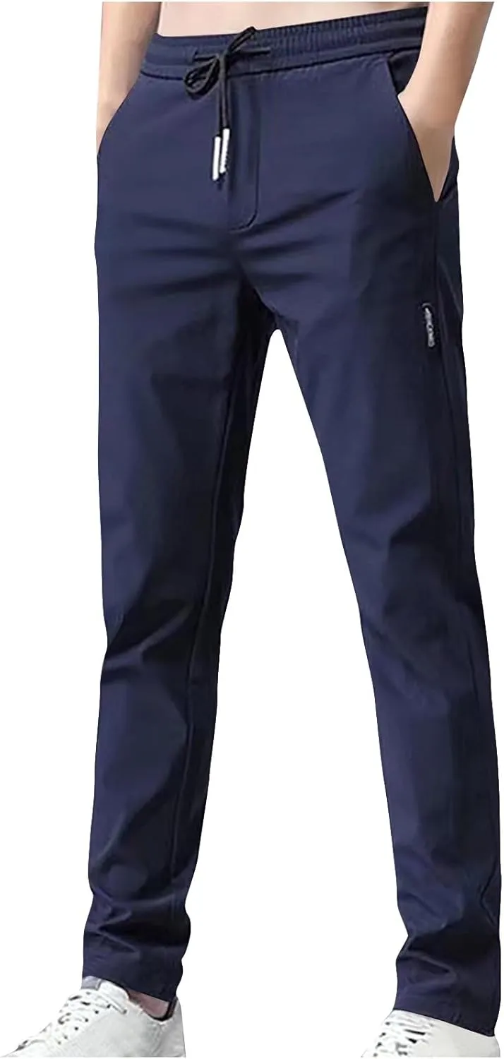 Men's Summer Ice Silk Pants Elastic Waist Solid Color Slim Fit Trousers Drawstrings Breathable Casual Pencil Pants