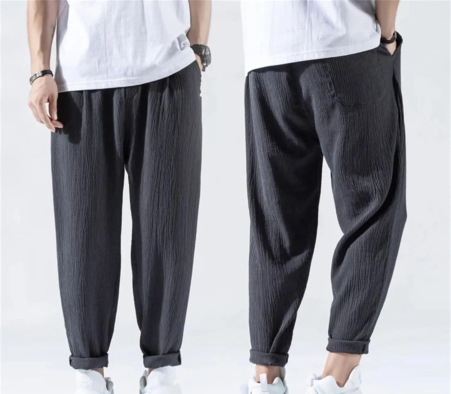 Men's Thin Casual Sports Trousers Slim Fit Nine Cent Pants Multi Pockets Sweatpants